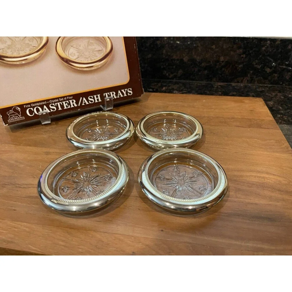 4 Sheridan Fine Gold Plated Crystal Coasters / Ash Trays